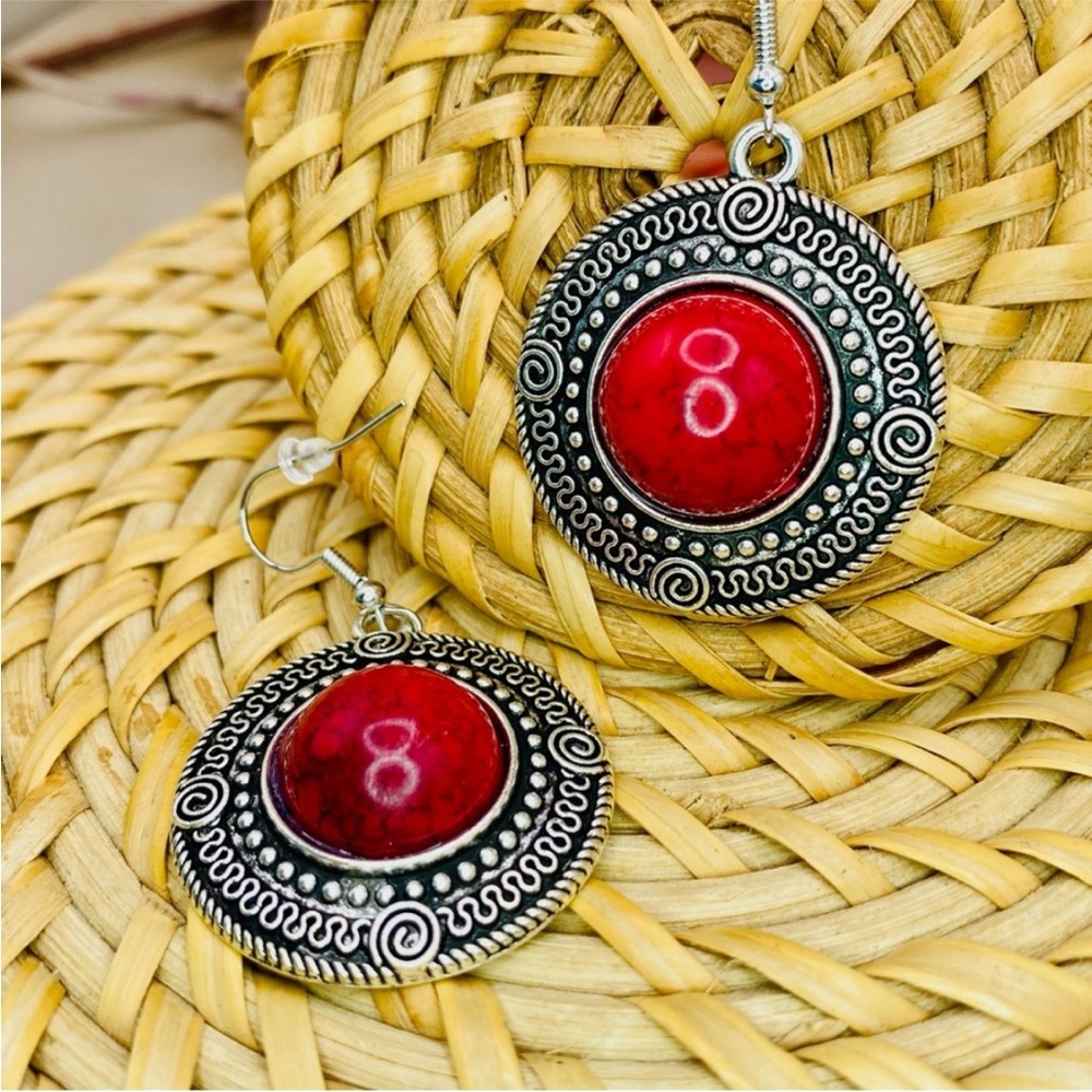 Antique Silver and Red Stone Dangle Drop Earrings